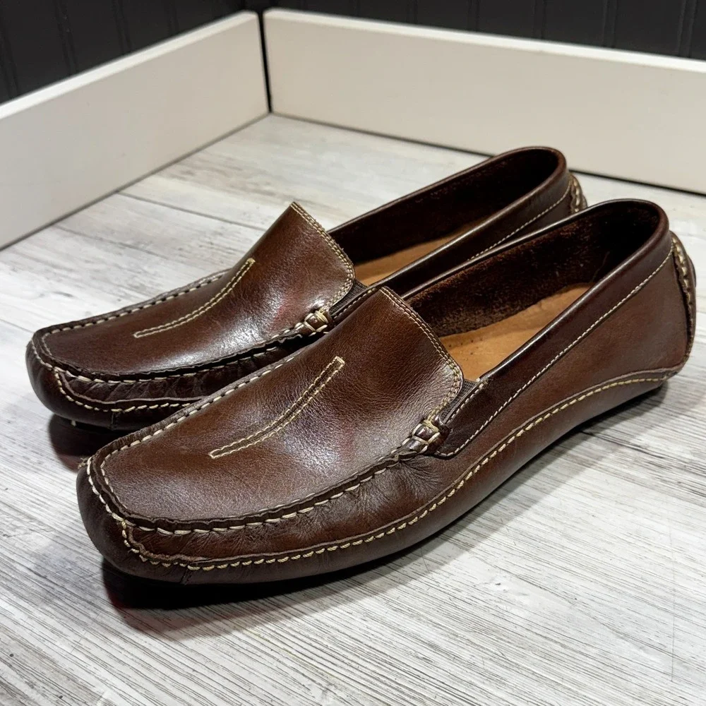 Clark's Driving Loafers Men 10.5 Brown Slip On Leather Loafers Stitching England